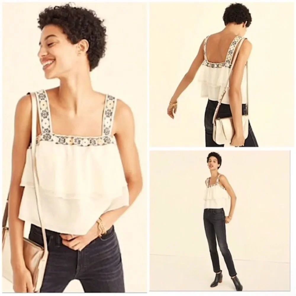 MADEWELL | Embroidered Off White Sleeveless Tiered Cropped Top Women’s Size M